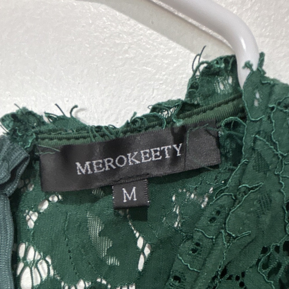 MEROKEETY Women's M Green Floral Lace Sheath Knee Length Cap Sleeve Zip Dress - Picture 2 of 6